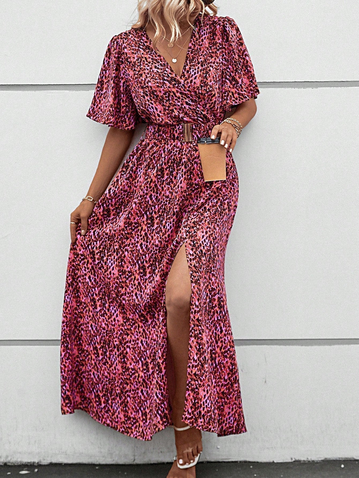 Print Wrap Flutter Sleeve Belted High Slit Maxi Dress
