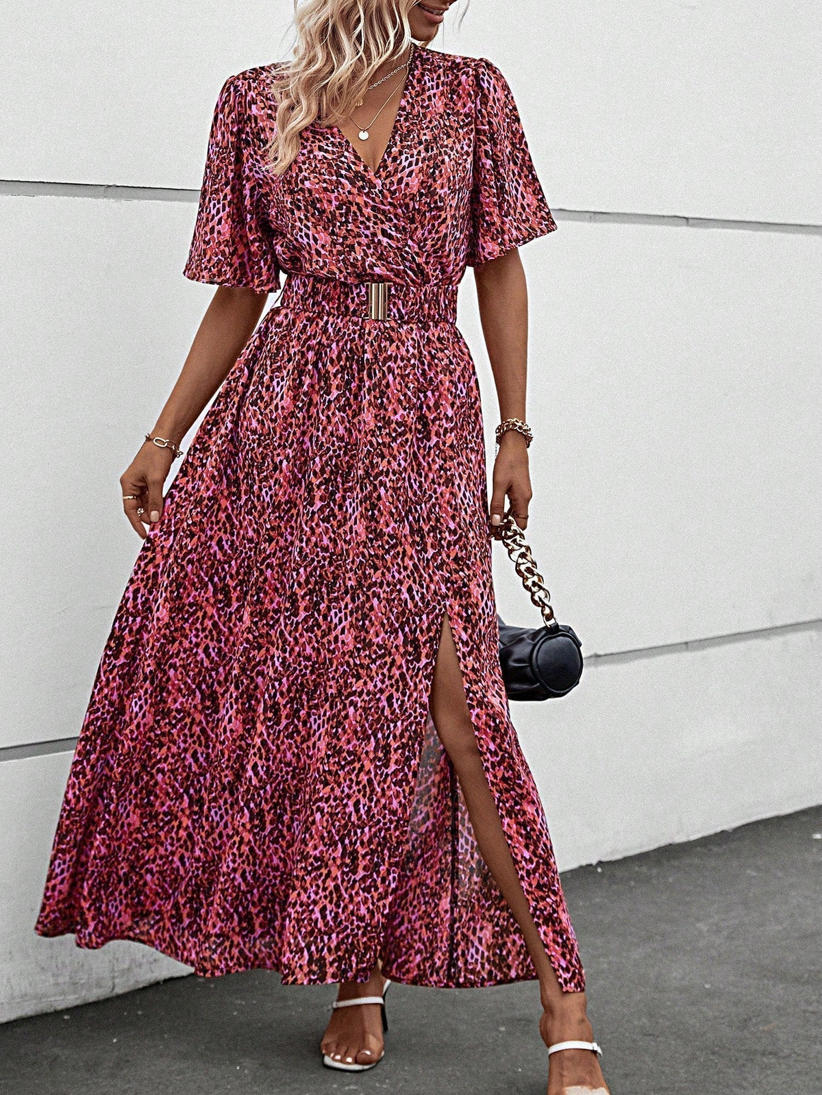 Print Wrap Flutter Sleeve Belted High Slit Maxi Dress 9