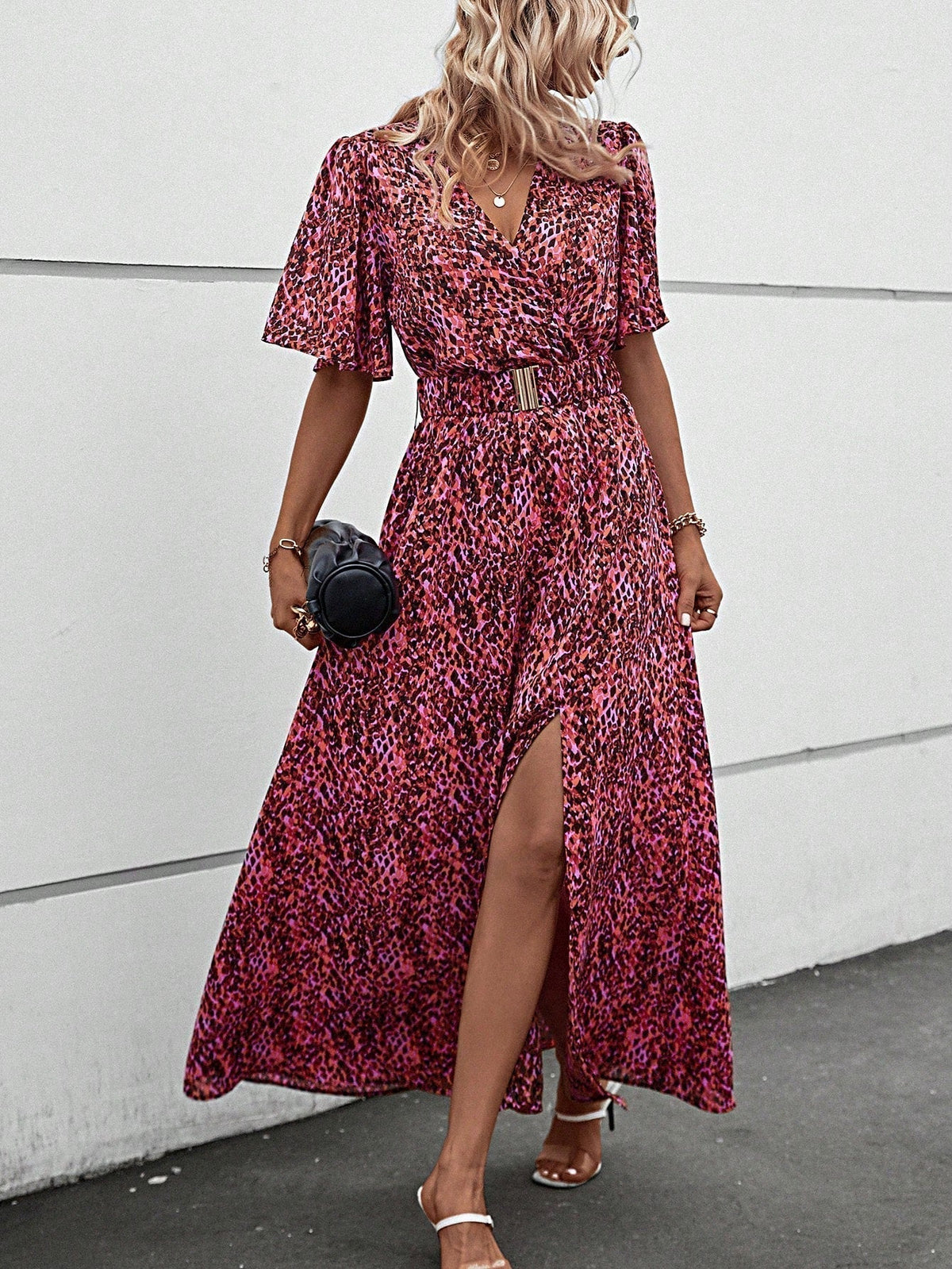 Print Wrap Flutter Sleeve Belted High Slit Maxi Dress 13