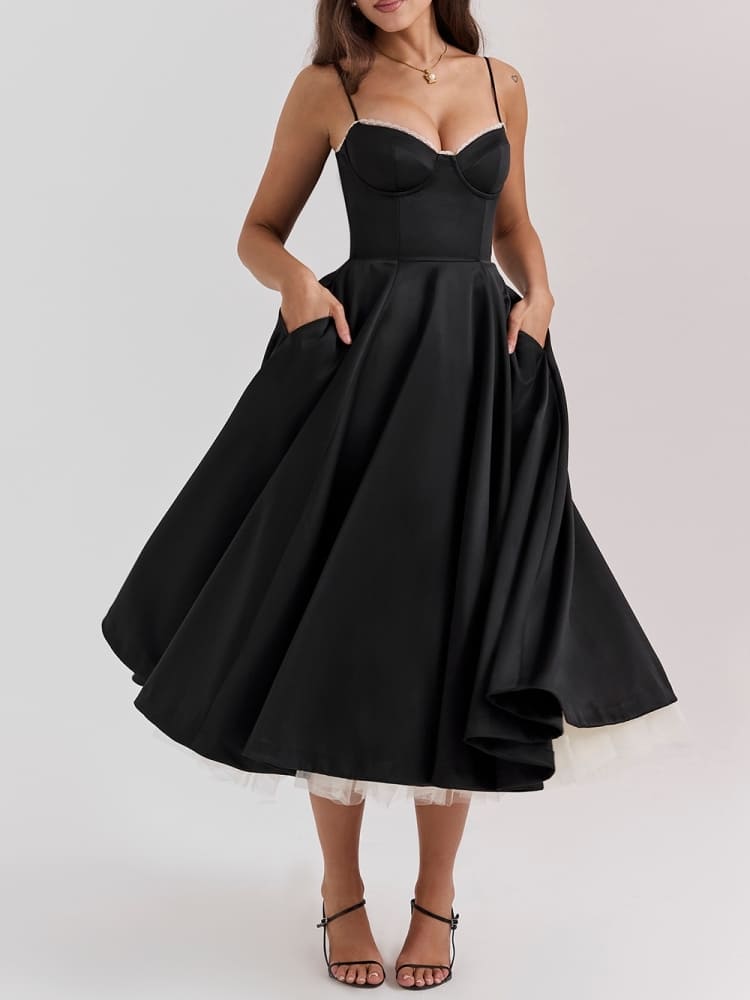 Sweetheart Lace Trim Bustier Tulle Hem Fit and Flare Midi Dress 7