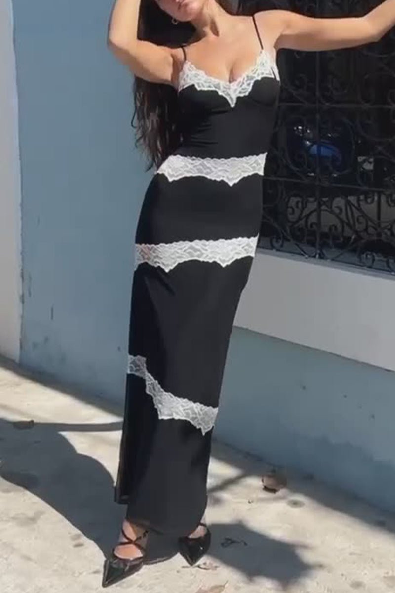 Rib Knit Spaghetti Strap Lace Panel Trim V-Neck Bodycon Maxi Dress 2