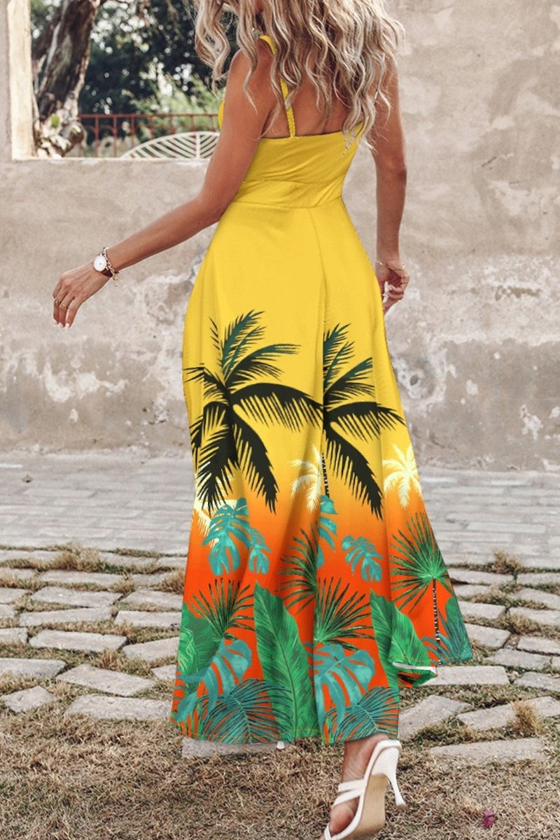 Tropical Palm Leaf Print Tie Front Spaghetti Strap High Split Maxi Dress 4