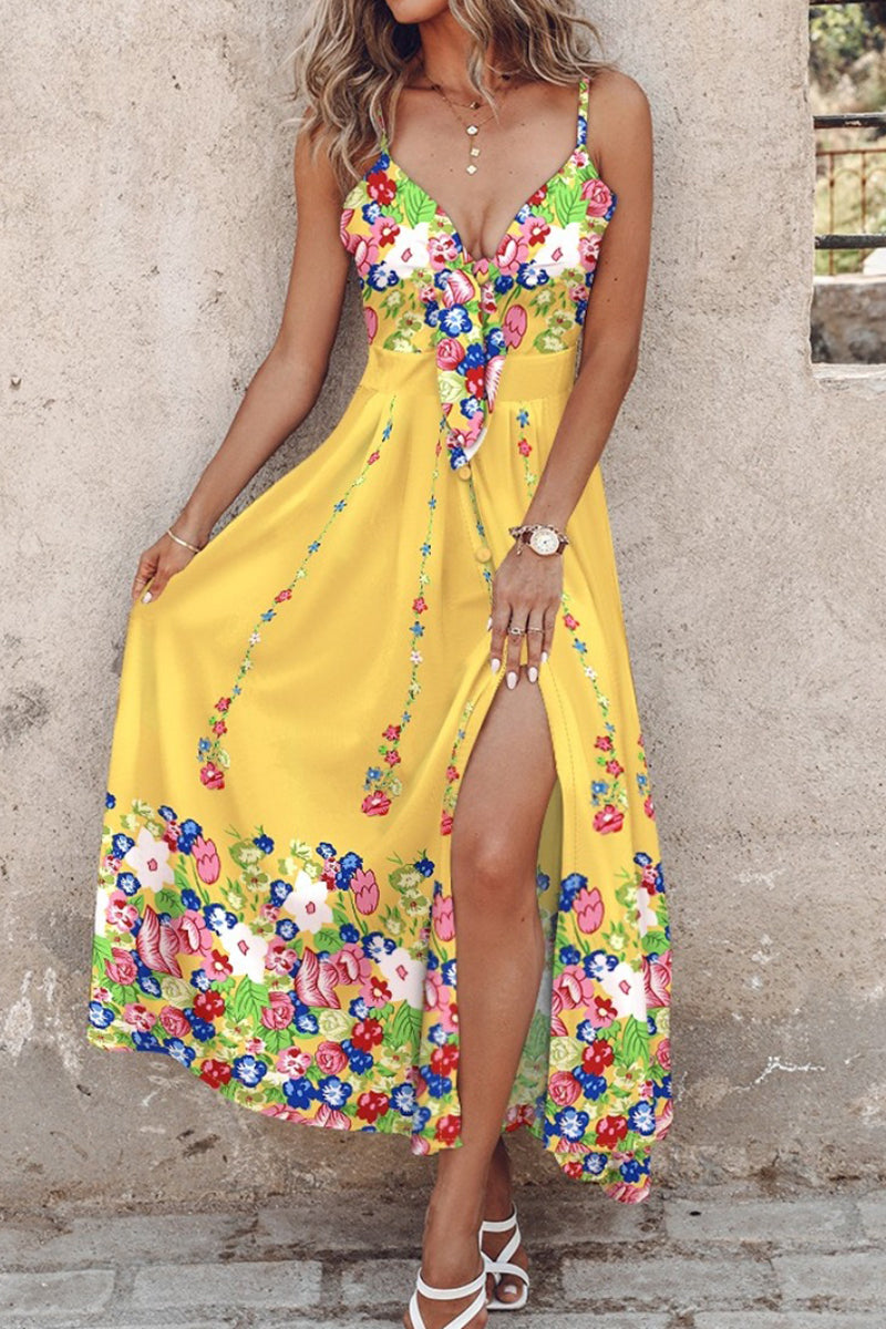 Tropical Palm Leaf Print Tie Front Spaghetti Strap High Split Maxi Dress 6