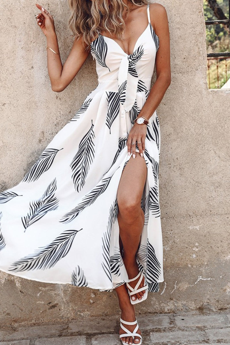 Tropical Palm Leaf Print Tie Front Spaghetti Strap High Split Maxi Dress 8