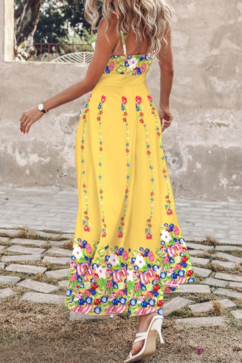 Tropical Palm Leaf Print Tie Front Spaghetti Strap High Split Maxi Dress 9