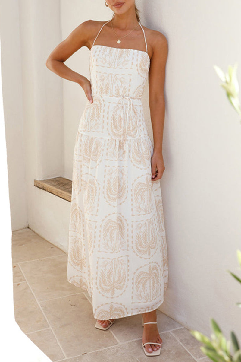Palm Motif Halter Neck Tie-Waist Tiered Backless Maxi Dress 12