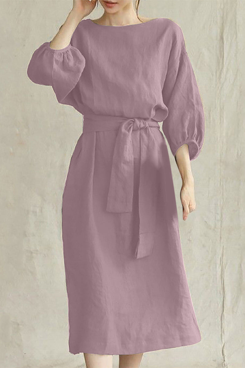 Boat Neck Lantern Sleeve Tie Waist Midi Dress 5