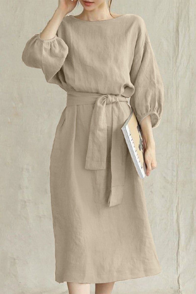 Boat Neck Lantern Sleeve Tie Waist Midi Dress 4