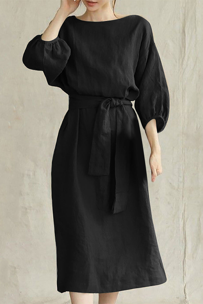 Boat Neck Lantern Sleeve Tie Waist Midi Dress