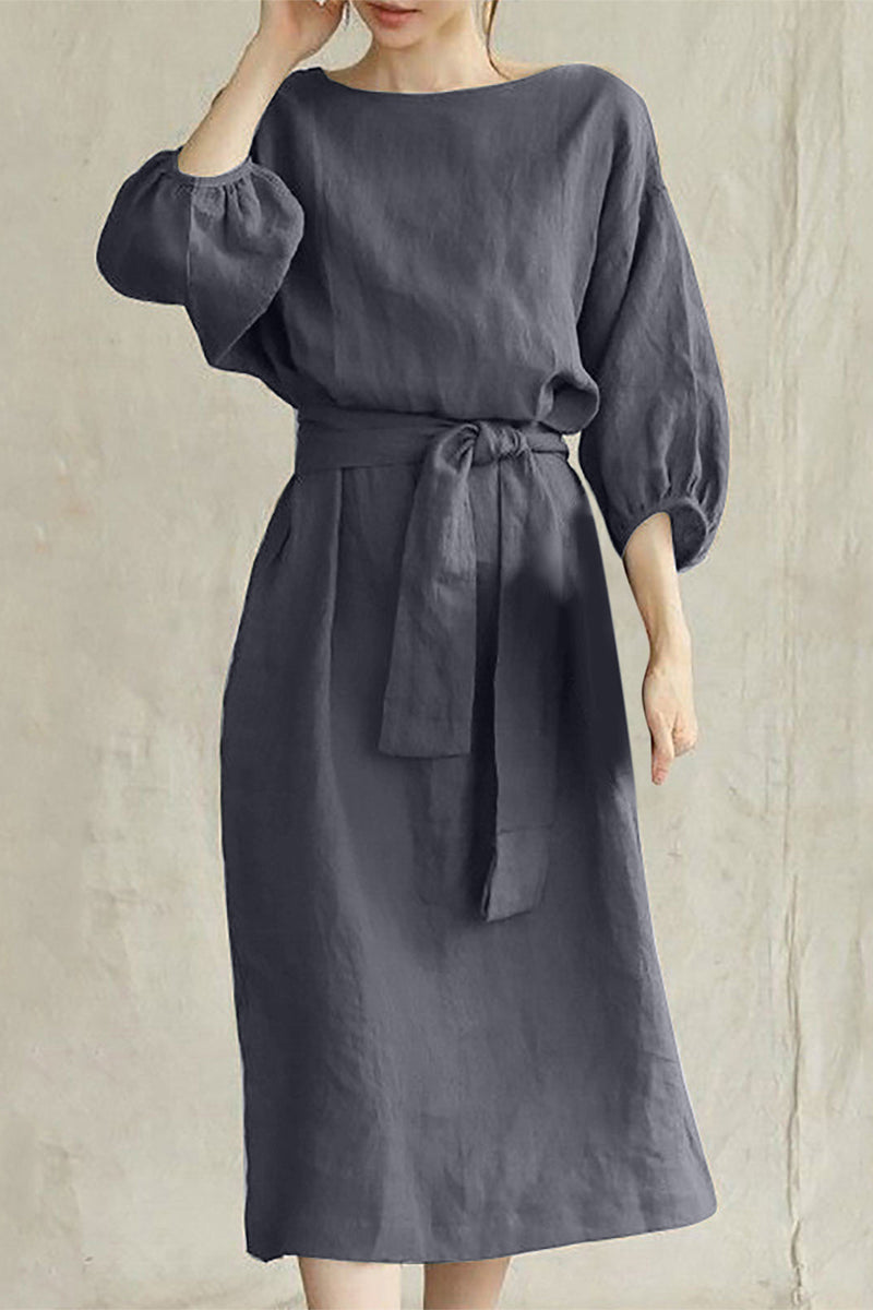 Boat Neck Lantern Sleeve Tie Waist Midi Dress 3