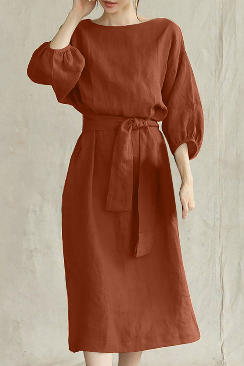 Boat Neck Lantern Sleeve Tie Waist Midi Dress 2