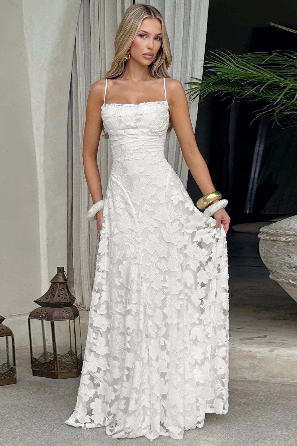 3D Floral Lace Applique Square Neck Spaghetti Strap A-Line Maxi Gown 2