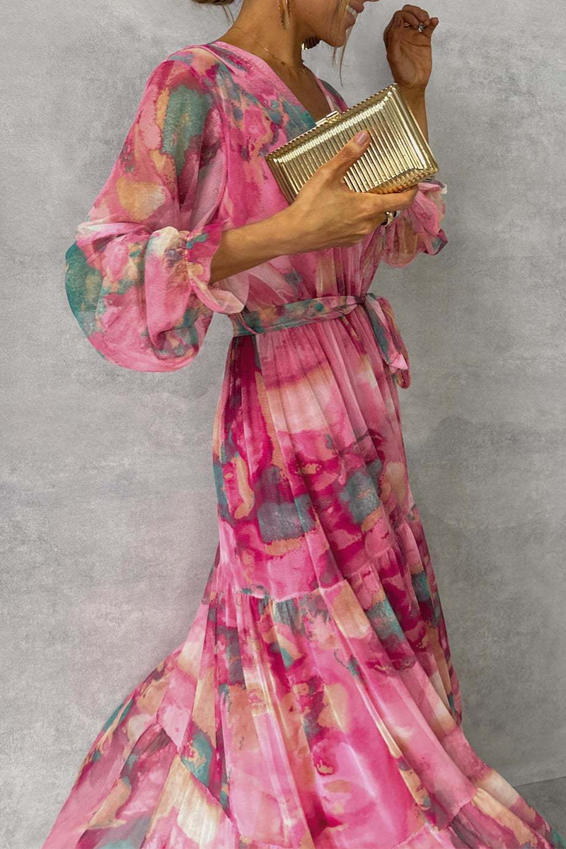 Gradient Watercolor Print Wrap V-Neck Tie-Waist Tiered Ruffle Maxi Dress 2