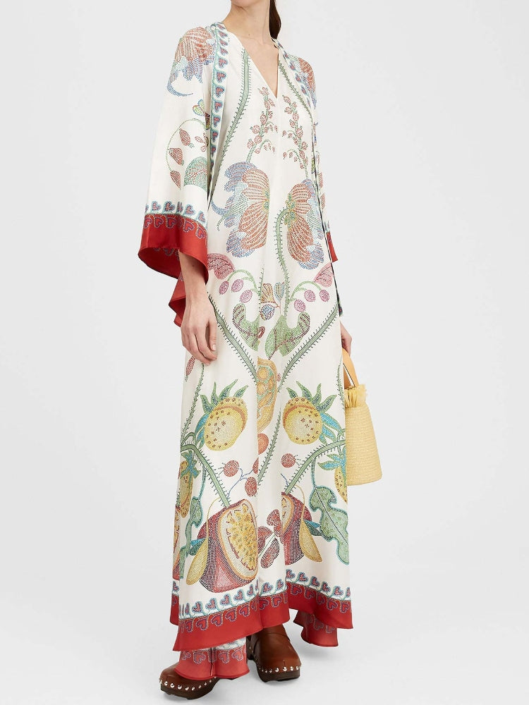 Abstract Brushstroke Print Deep V Lantern Sleeve Maxi Dress