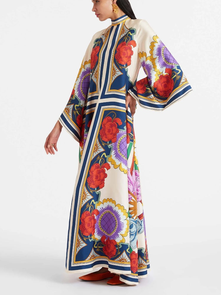 Abstract Brushstroke Print Deep V Lantern Sleeve Maxi Dress 2