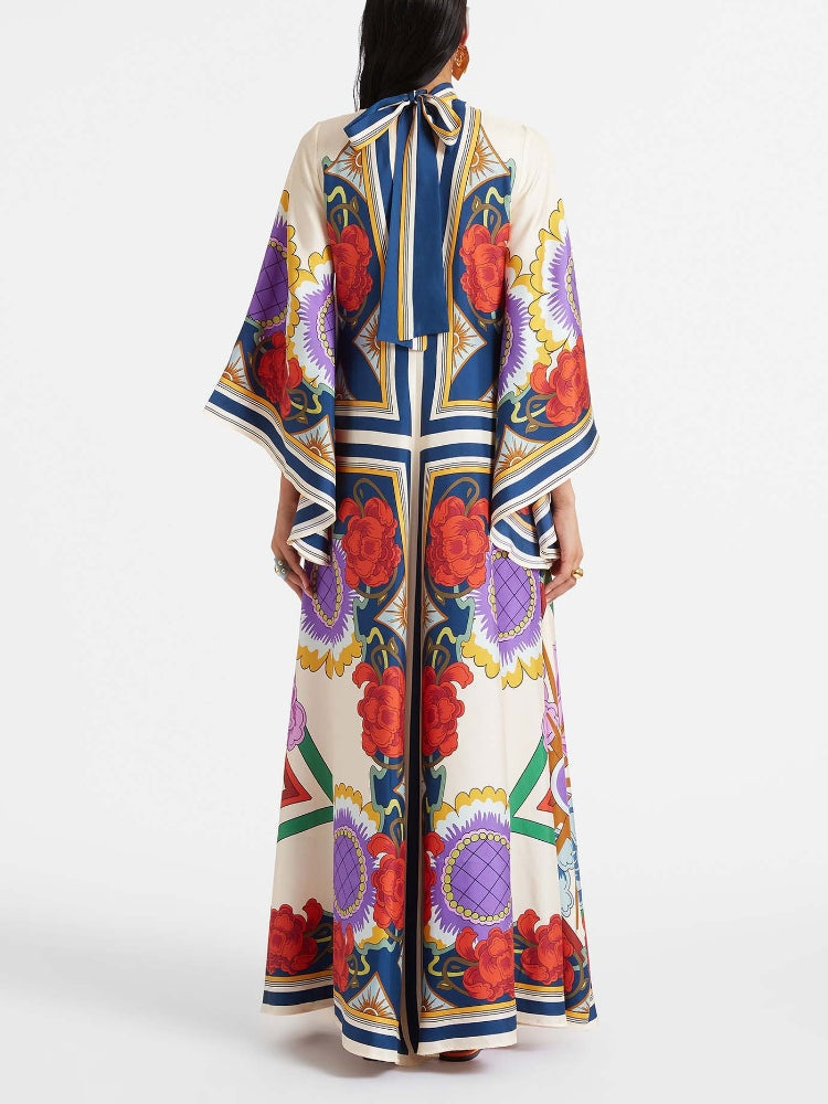 Abstract Brushstroke Print Deep V Lantern Sleeve Maxi Dress 3