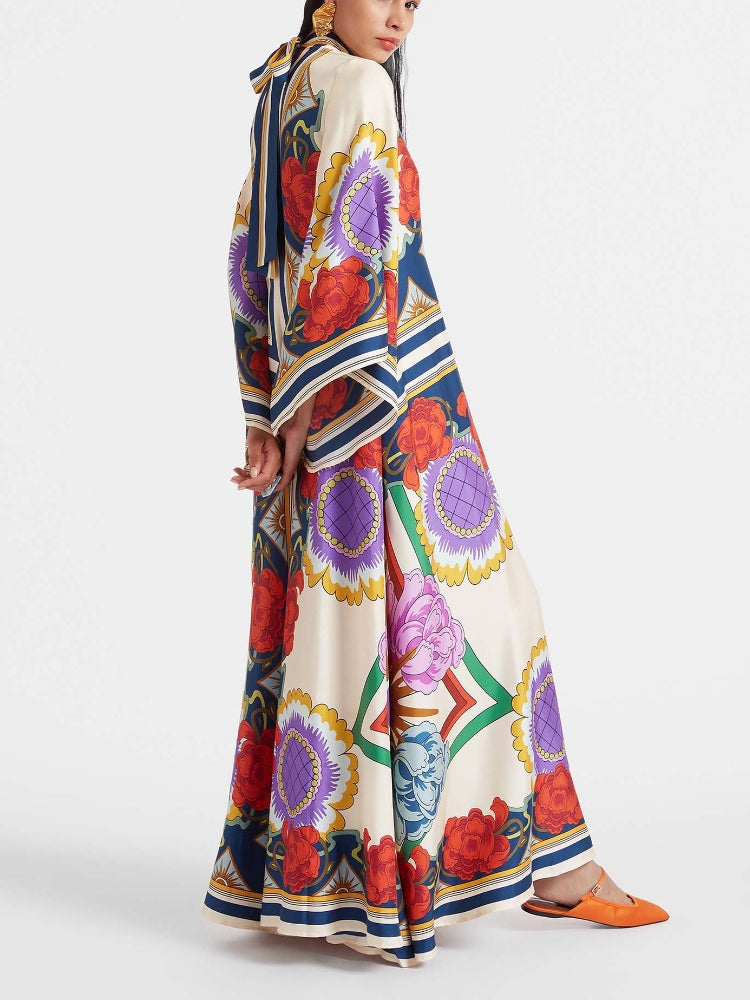 Abstract Brushstroke Print Deep V Lantern Sleeve Maxi Dress 5