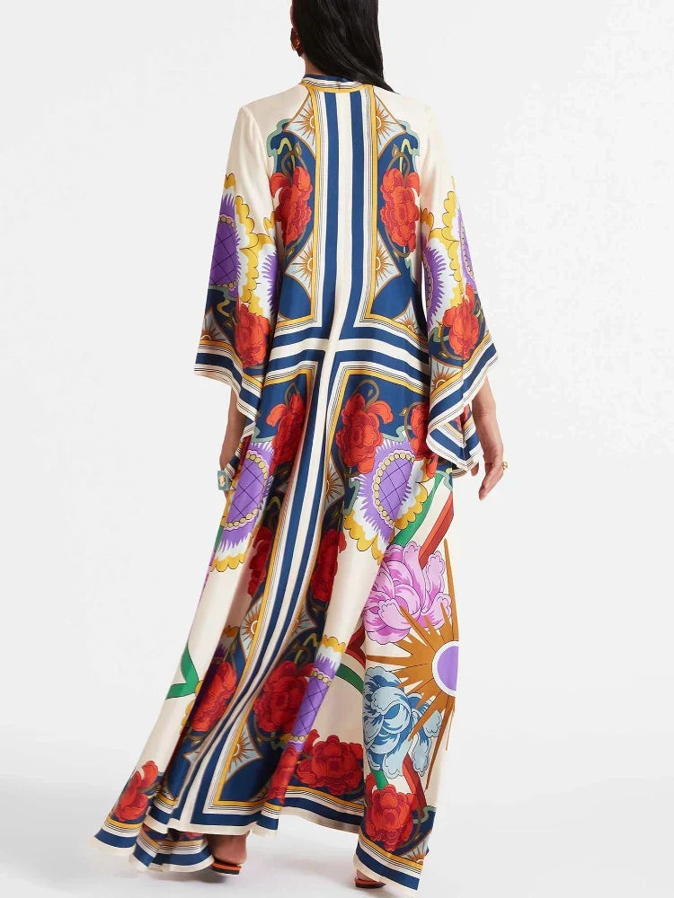 Abstract Brushstroke Print Deep V Lantern Sleeve Maxi Dress 7