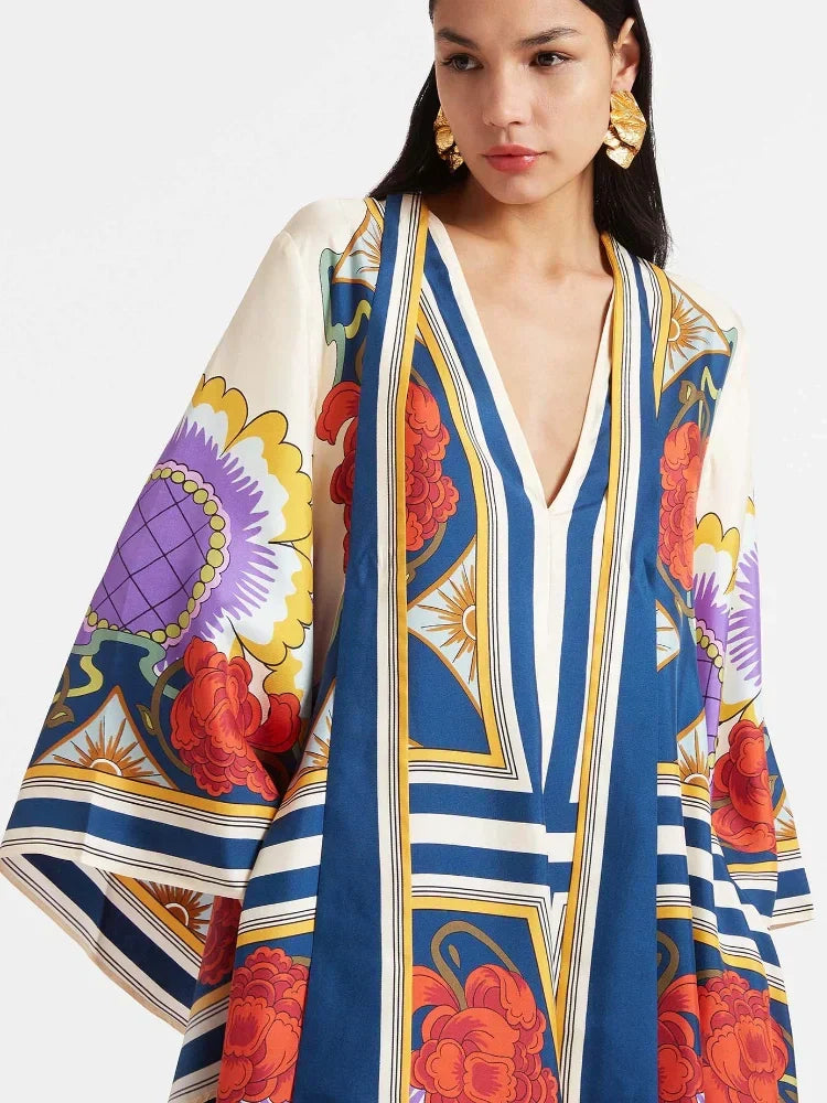 Abstract Brushstroke Print Deep V Lantern Sleeve Maxi Dress 4