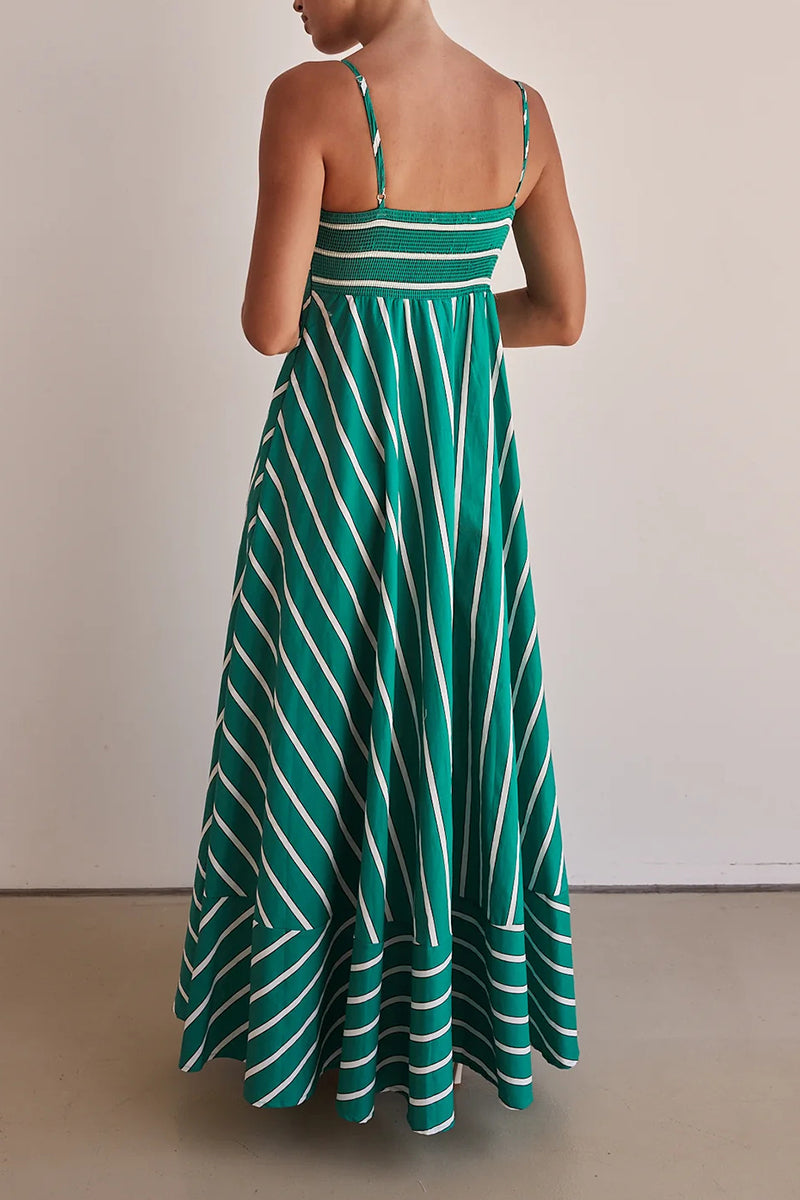 Horizontal Stripe Square Neck Spaghetti Strap Contrast Border Tiered Maxi Dress 5