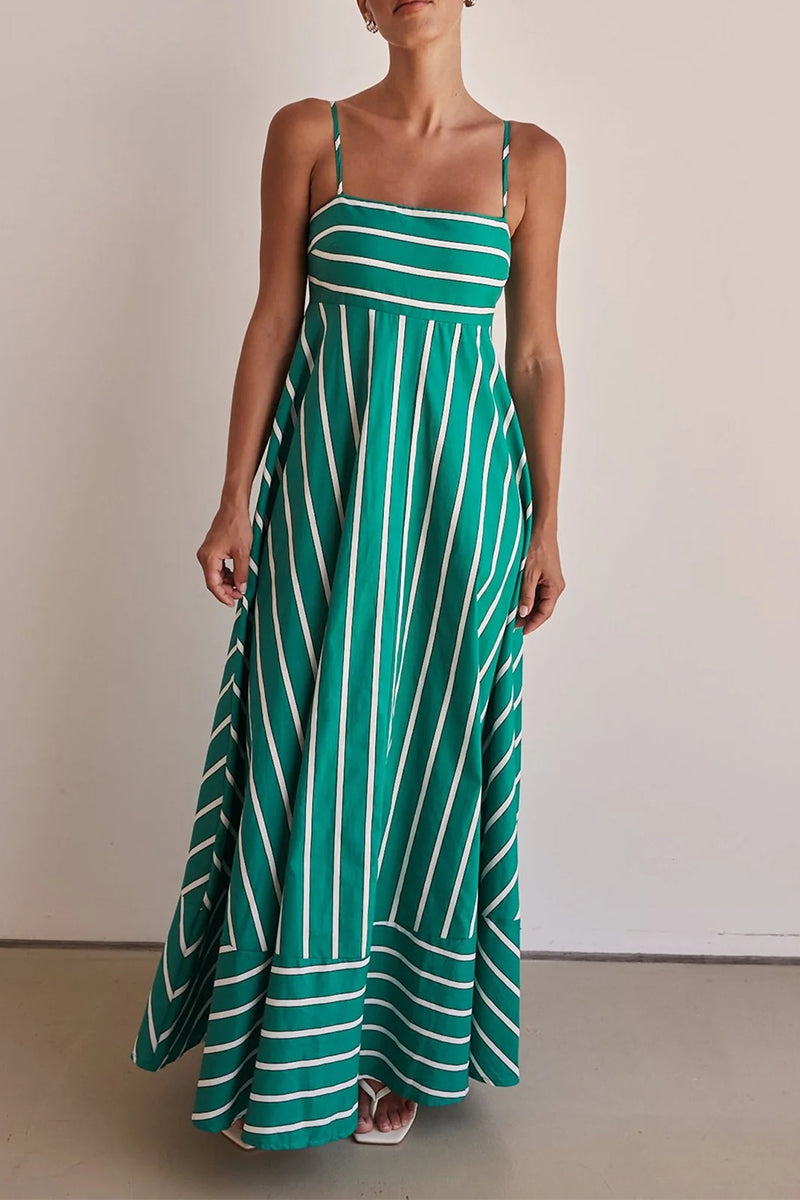 Horizontal Stripe Square Neck Spaghetti Strap Contrast Border Tiered Maxi Dress 2