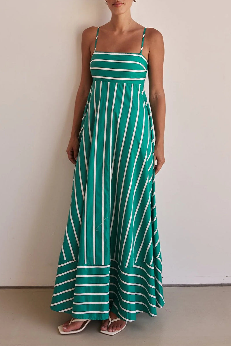 Horizontal Stripe Square Neck Spaghetti Strap Contrast Border Tiered Maxi Dress 3