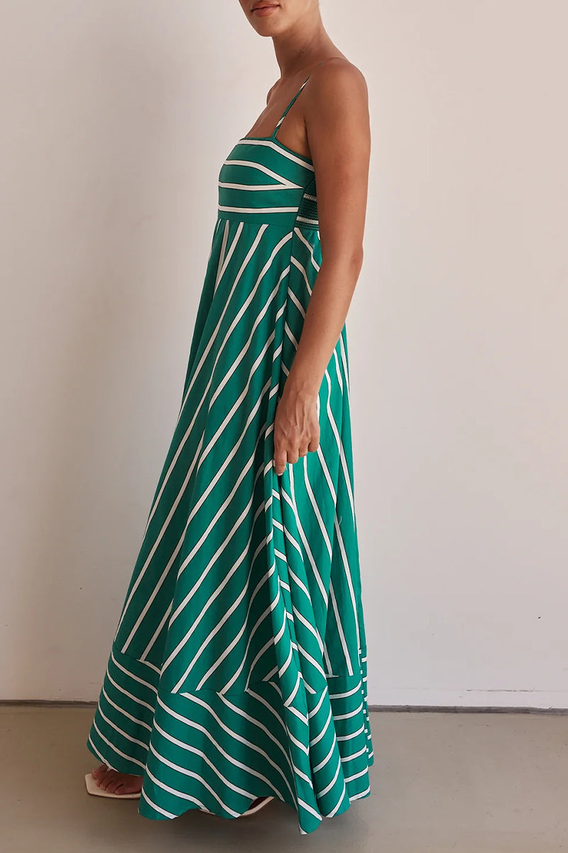 Horizontal Stripe Square Neck Spaghetti Strap Contrast Border Tiered Maxi Dress 4