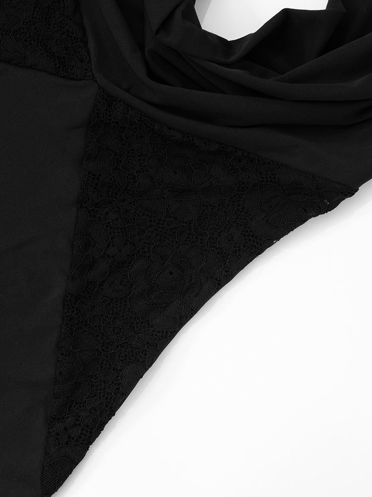 Plunging Halter Cowl Lace Side Panel Mermaid Maxi Gown 17