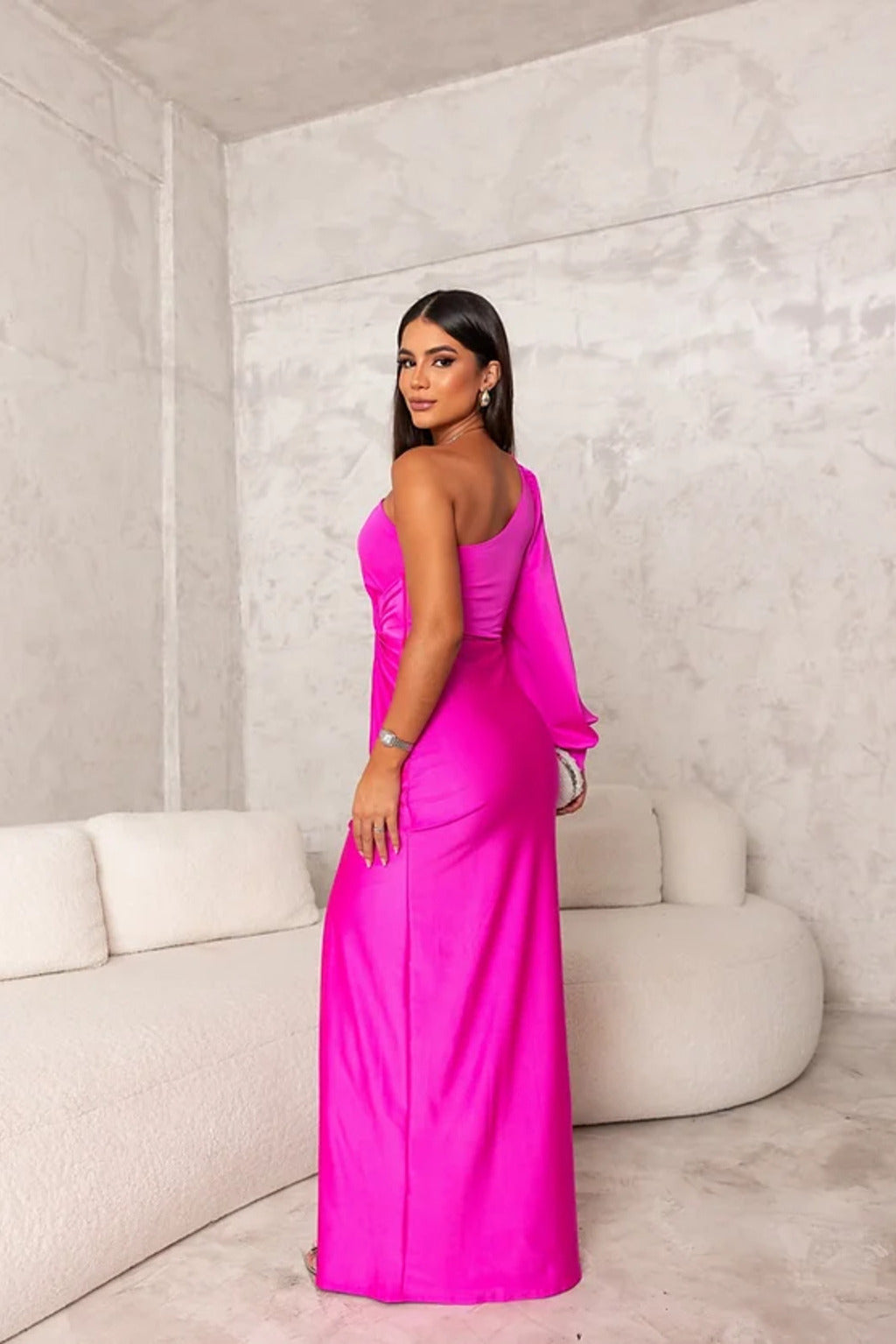 One Shoulder Draped Sleeve Ruched Waist High Slit Satin Maxi Dress 22