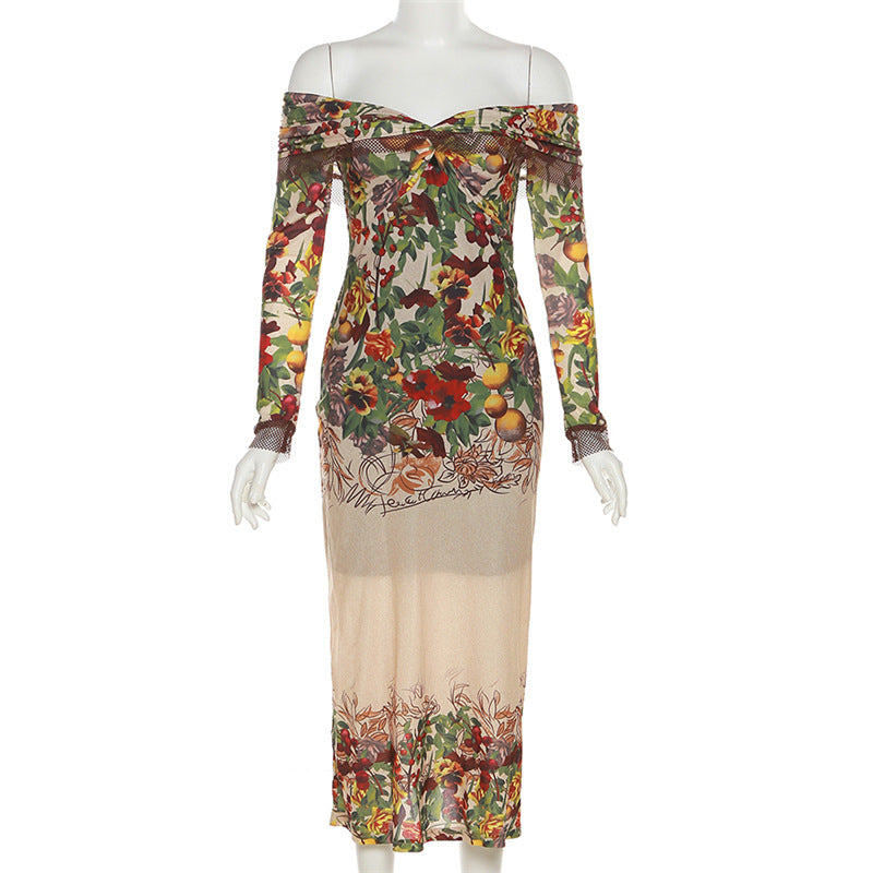 Off Shoulder Deep V Print Mesh Cuff Long Sleeve Maxi Dress 4