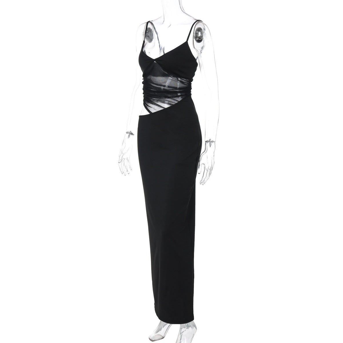 Deep V Neck Sheer Mesh Ruched Panel Sleeveless Maxi Dress 16