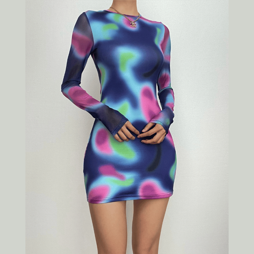 Crew Neck Abstract Aura Print Backless Long Sleeve Mini Dress