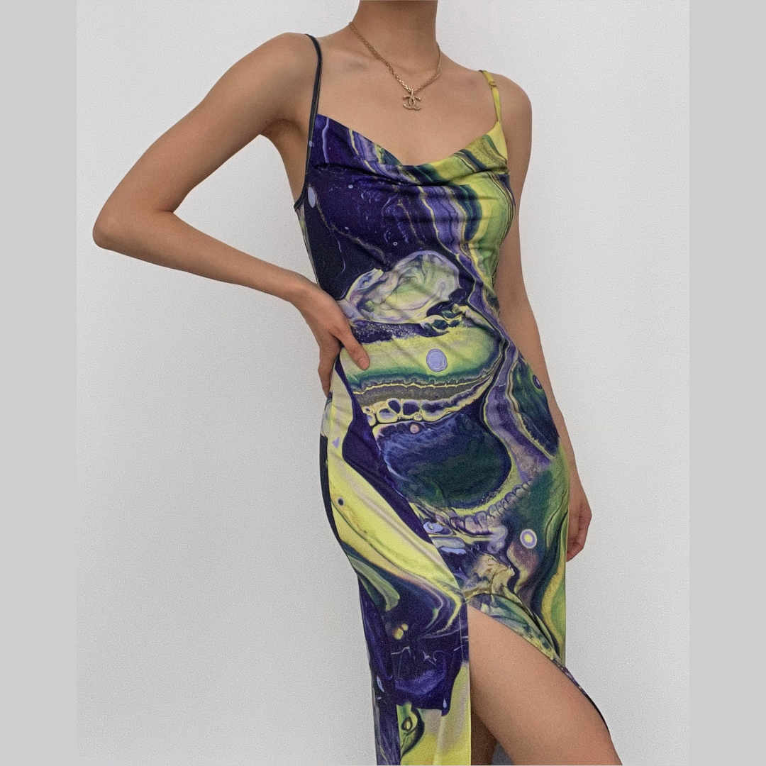 Abstract Marble Print Cowl Neck Spaghetti Strap Side Slit Midi Dress