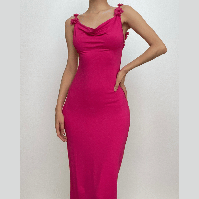 Spaghetti Strap Rosette Applique Open Back Bodycon Maxi Dress 2