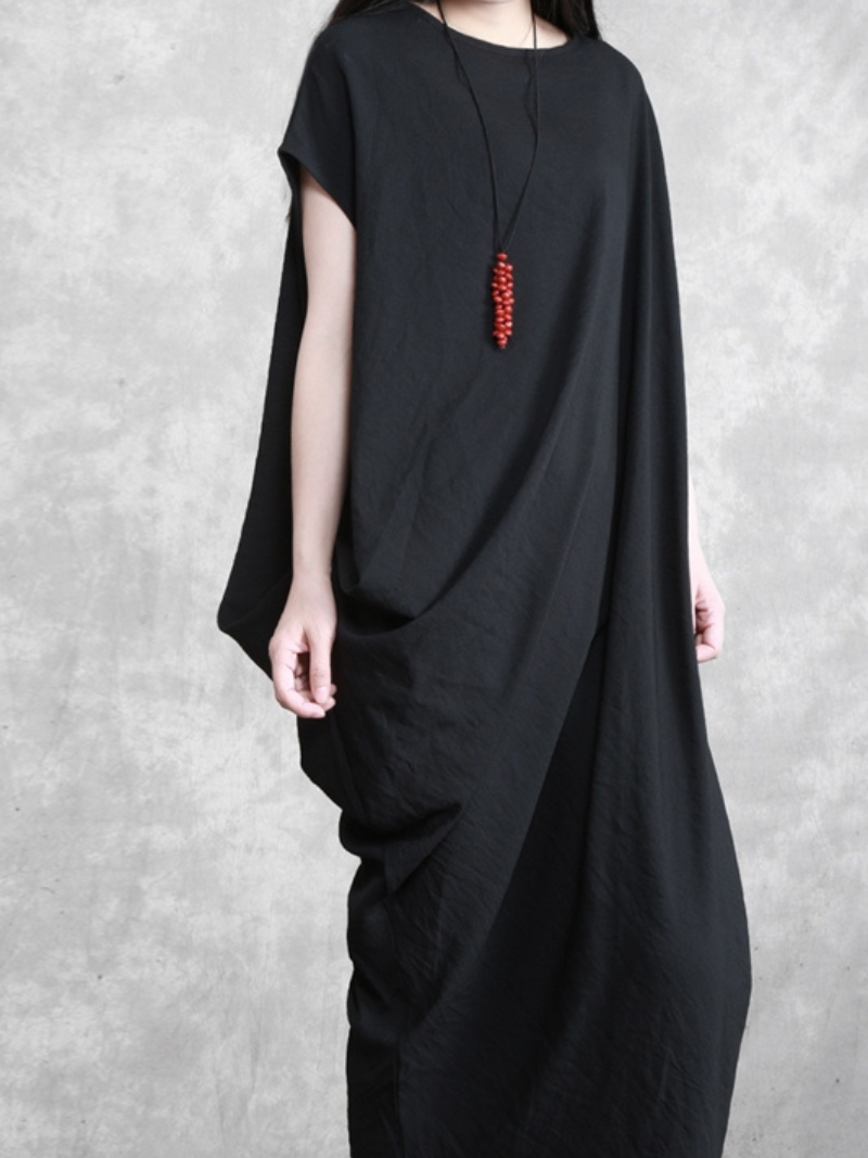 Round Neck Drop Shoulder Asymmetric Draped Loose Bat Sleeve Maxi Dress 5