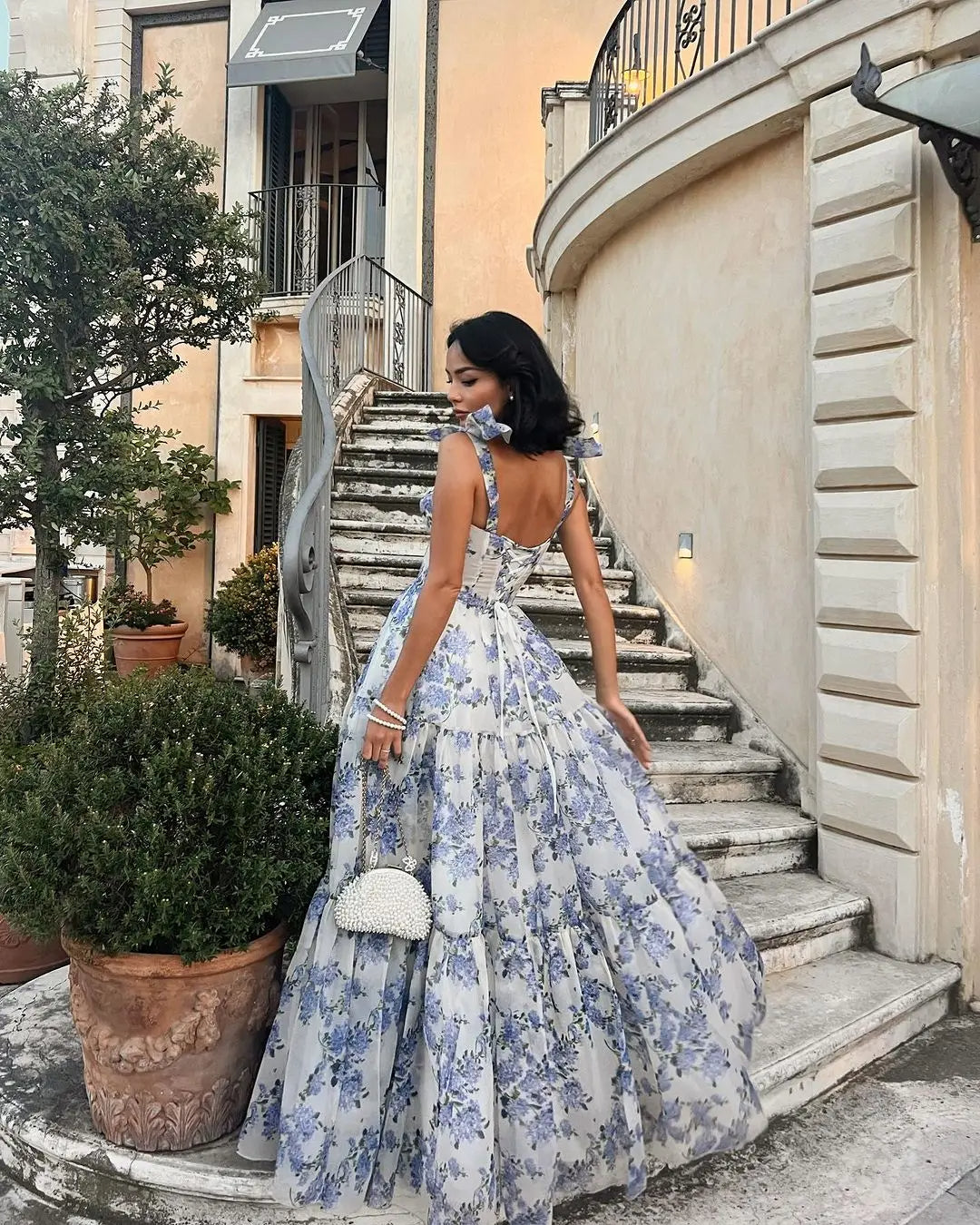 Corset Bodice Ruffle Strap Tiered Hydrangea Floral Maxi Gown 2