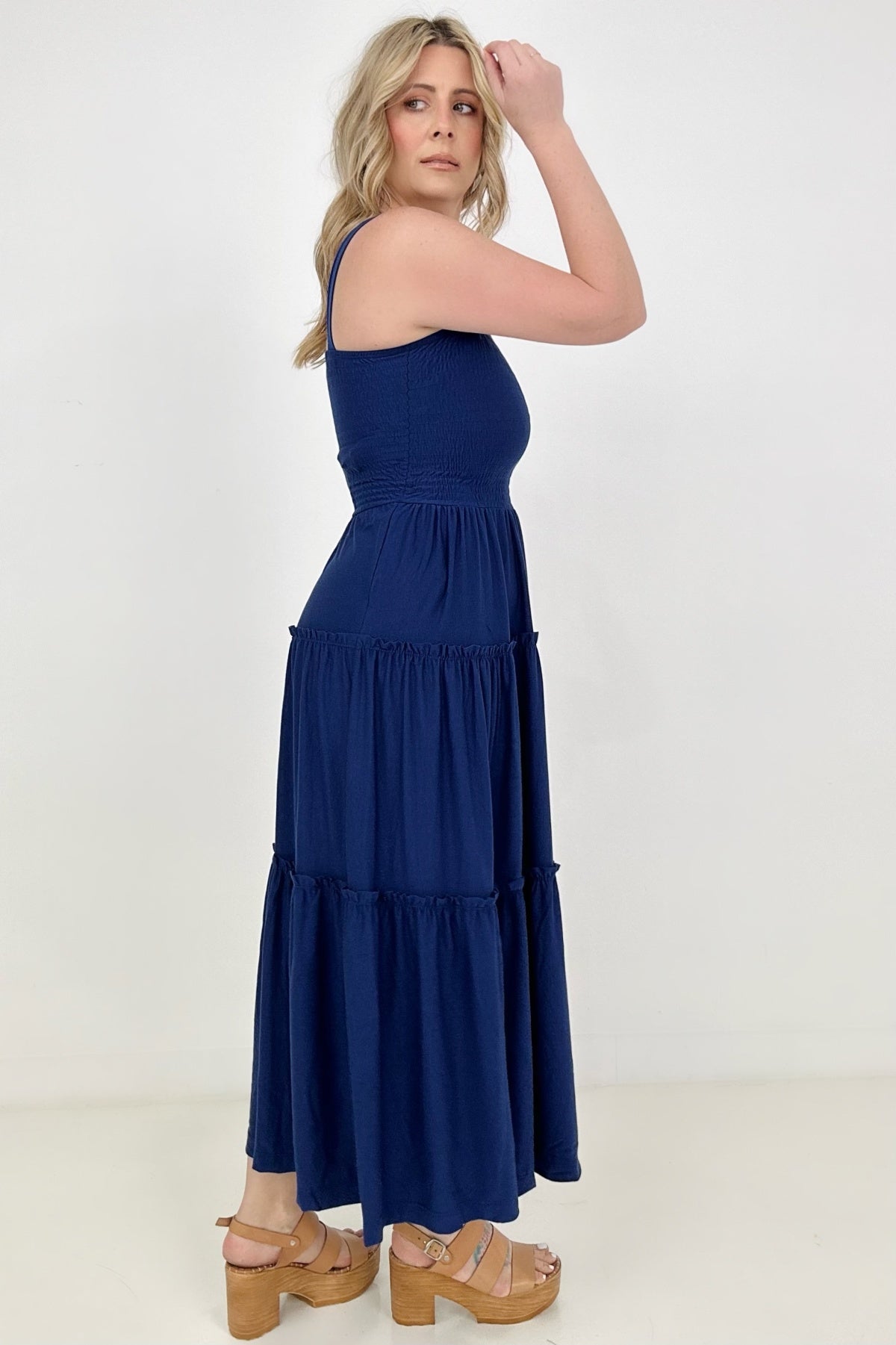 Square Neck Smocked Bodice Tiered Ruffle Maxi Dress 6