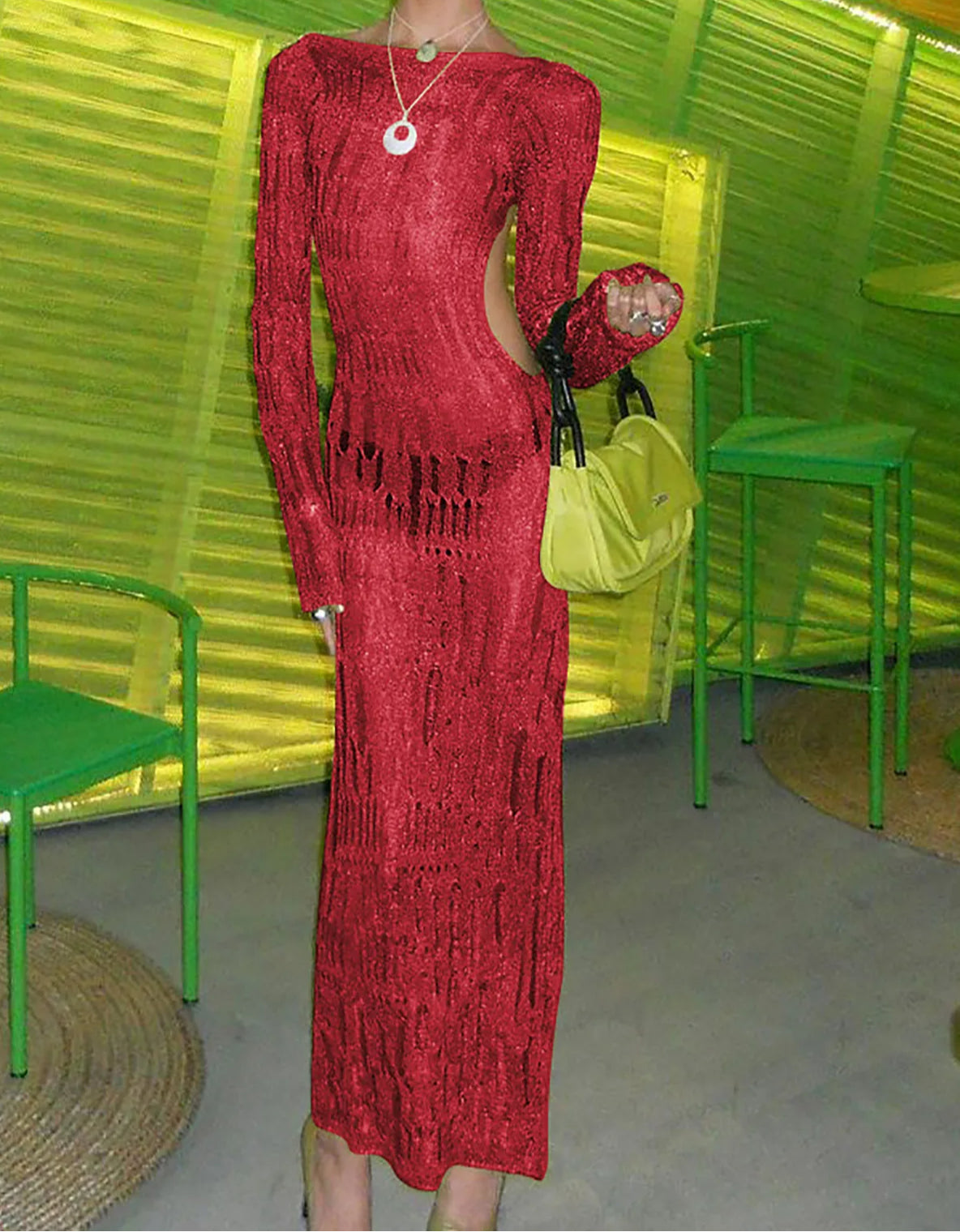 Knit Open Weave Mock Neck Long Sleeve Side Cut Out Bodycon Maxi Dress 2