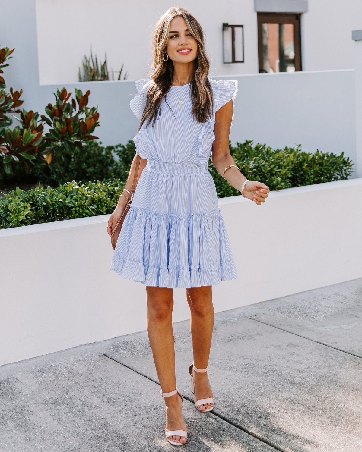 Crew Neck Pinstripe Ruffle Sleeve Smocked Waist Tiered Mini Dress