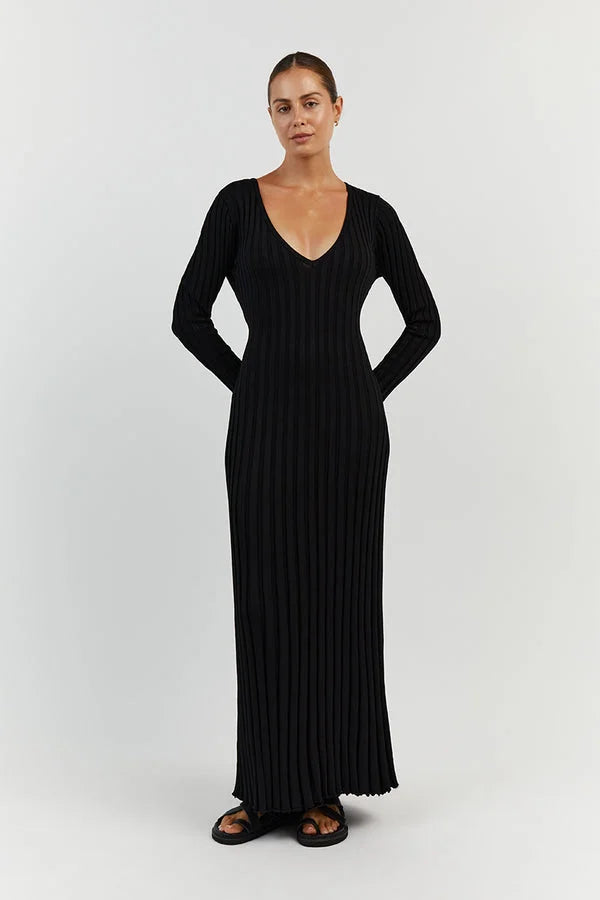 Rib Knit Deep V-Neck Long Sleeve Lettuce Hem Column Maxi Dress 7