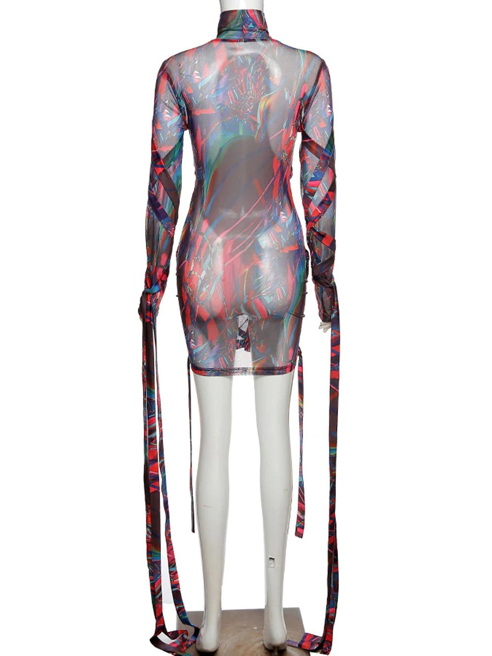 Mock Neck Long Sleeve Abstract Print Mesh Wrap Strap Bodycon Mini Dress 5