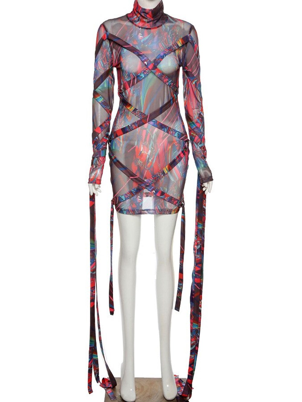 Mock Neck Long Sleeve Abstract Print Mesh Wrap Strap Bodycon Mini Dress 4