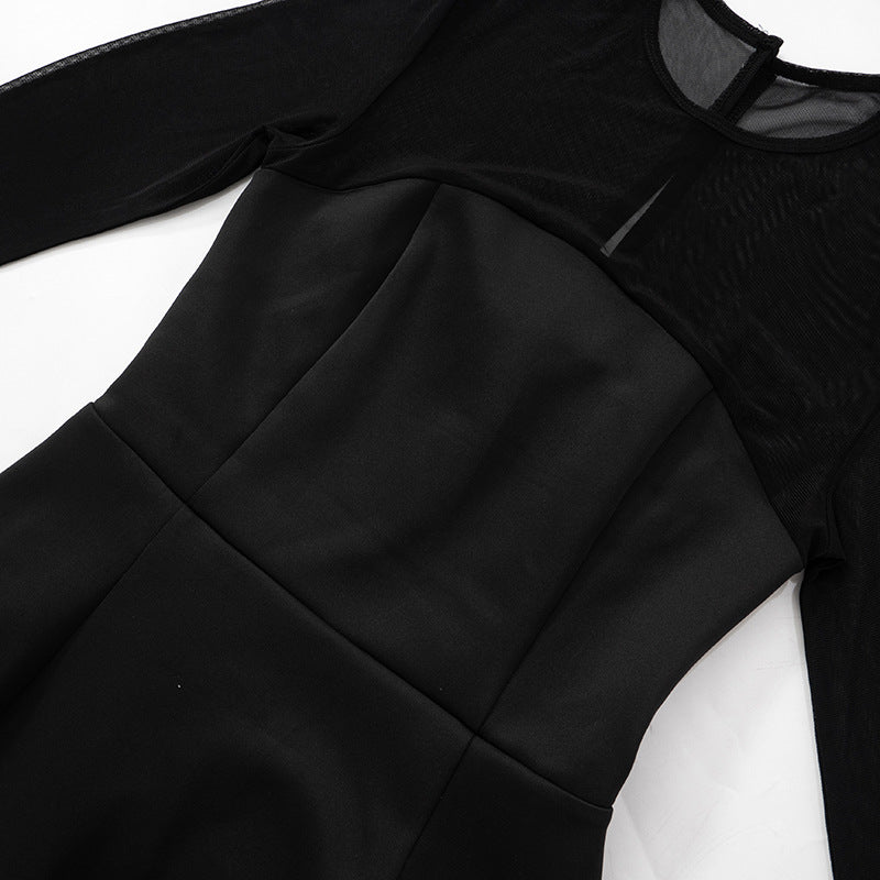 Mock Neck Mesh Yoke Long Sleeve Flared Mini Dress 17