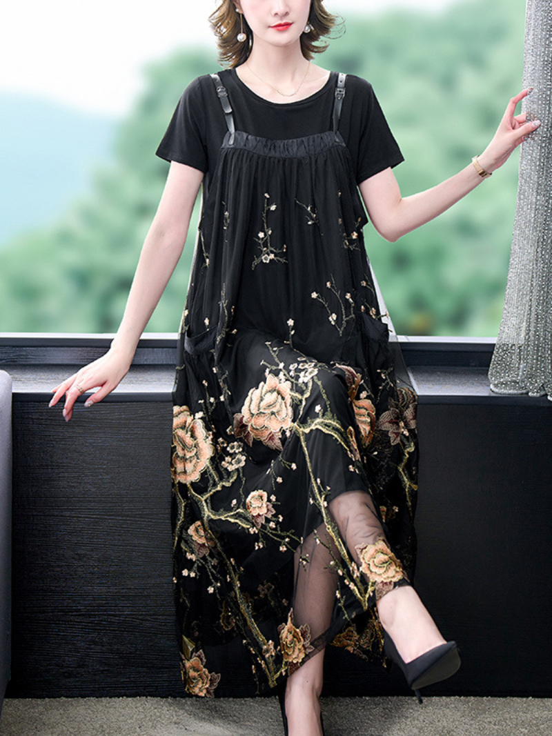 Spaghetti Strap Floral Embroidery Mesh Overlay Layered Maxi Dress
