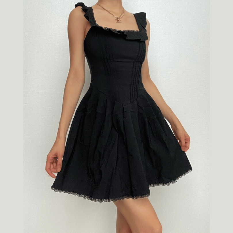 Square Neck Ruffle Strap Pintuck Pleated Lace Hem Fit and Flare Mini Dress