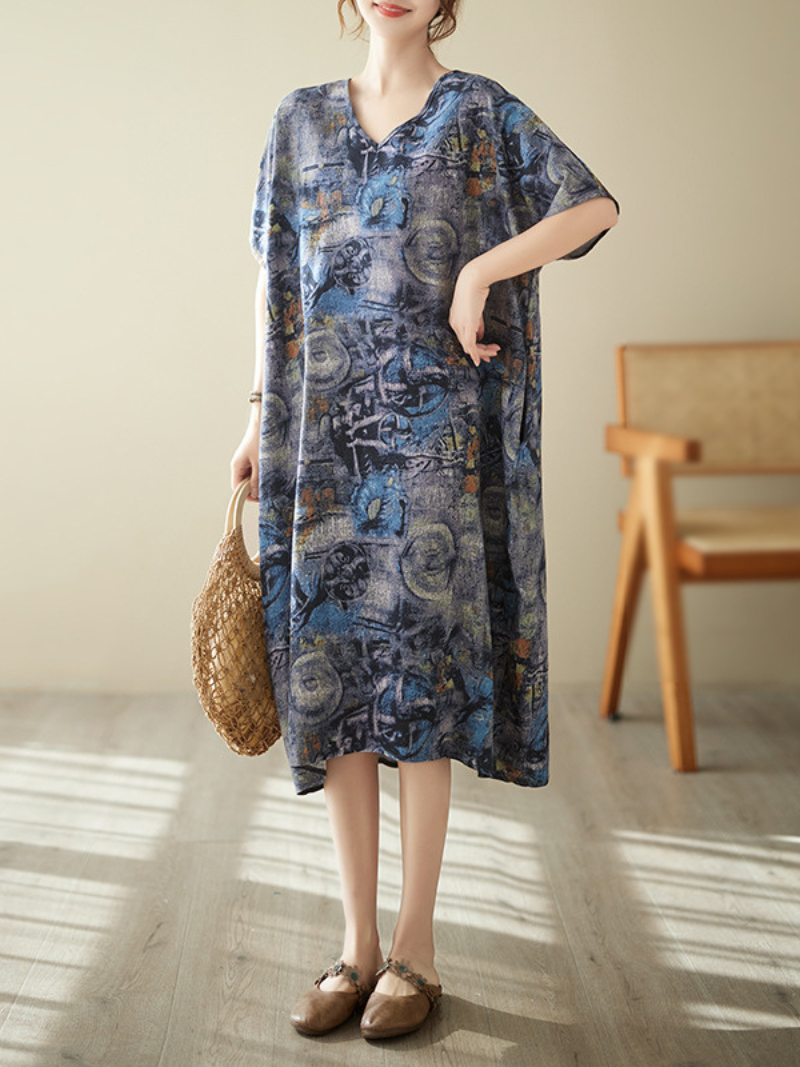 V Neck Short Sleeve Abstract Graphic Print Linen Midi Dress 5