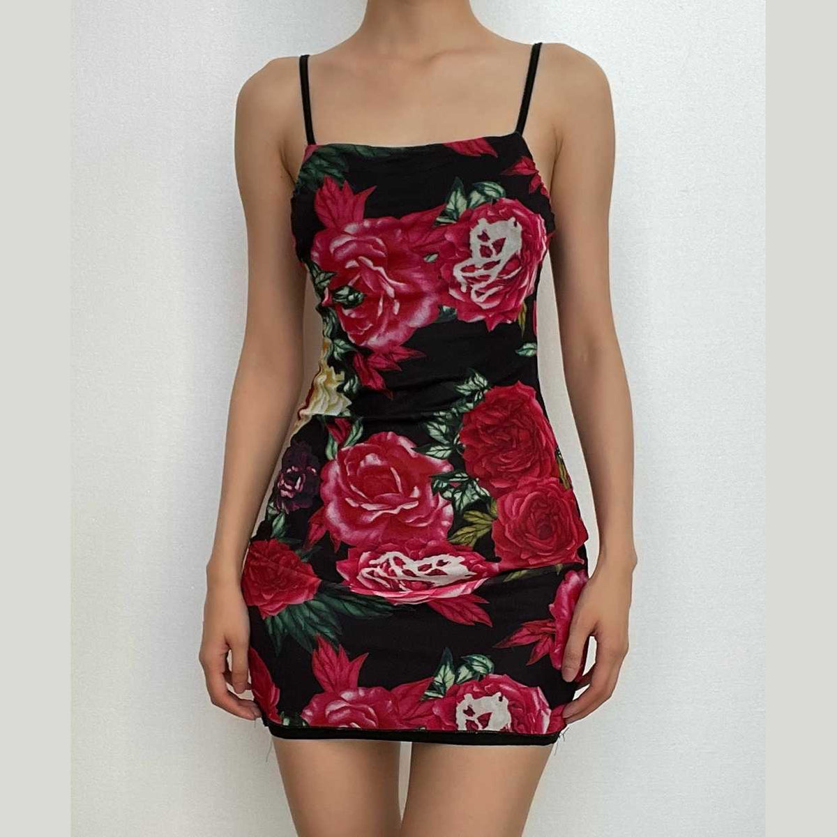 Square Neck Spaghetti Strap Floral Print Mesh Bodycon Mini Dress