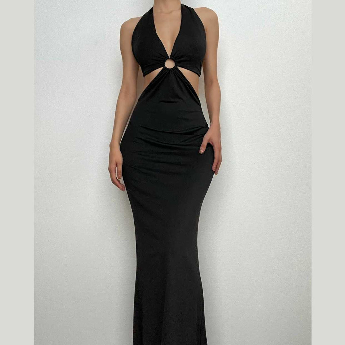 Cross Front Halter O-Ring Cutout Backless Self-Tie Maxi Dress