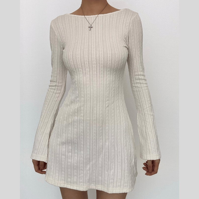 Boat Neck Textured Knit Long Sleeve Bodycon Mini Dress