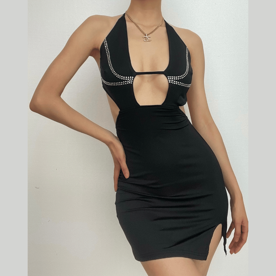 Beaded Halter Backless Hollow Out Slit Mini Dress